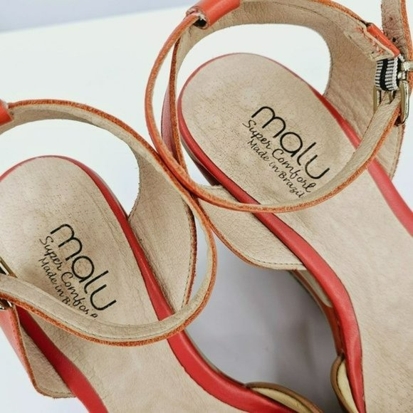 Malu Wedge Sandals 10 Super Comfort Orange Tan Stripe Tall Open Toe Ankle Straps - Picture 3 of 13